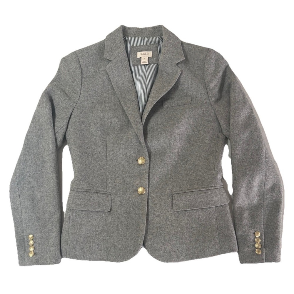 J.Crew Mercantile Moxie Gal Blazer Grey Wool Blend Gold Crest Button Jacket Sz 2